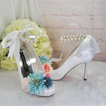 Load image into Gallery viewer, Bridal Lace Heels – White Lace Bridal Shoes with Pearl Strap & Floral Details • UK5/US7.5
