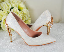 Load image into Gallery viewer, Satin Bridal Heels: Ivory Glitter with Cherry Blossom Accent UK5 / US7.5