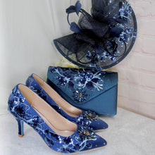Load image into Gallery viewer, Navy Blue Satin Bridal Set: Floral Heels, Clutch Bag & Fascinator