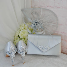 Load image into Gallery viewer, Silver Grey Satin Bridal Shoe Set: Handmade Heels, Clutch & Fascinator