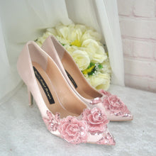 Load image into Gallery viewer, Sparking Pink Satin Bridal Shoes: Handmade Floral Stiletto Heels • Size UK5/US7.5