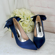 Load image into Gallery viewer, Navy Satin Heels - Handmade Bridal Stiletto Shoes with Sparkling Bow Detail UK4/US6.5