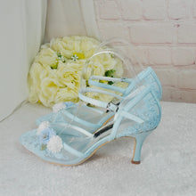 Load image into Gallery viewer, Embroidered Pastel Blue Bridal Shoes: 3D Flower Ankle Strap Heels UK5/US7.5