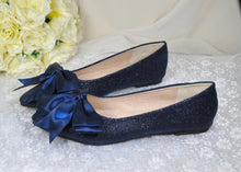 Load image into Gallery viewer, Navy Blue Bridal Flats – Handmade Comfortable Satin Flats with Oversized Satin Bow UK9/US11