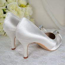 Load image into Gallery viewer, Bridal Satin Heels – Handmade Vegan Wedding Mid Heels with Swarovski Crystal • UK6/US8.5