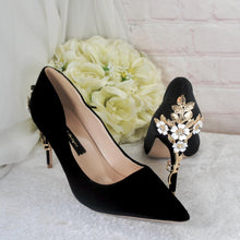 Load image into Gallery viewer, Black Velvet Heels, Clutch Bag & Sinamay Fascinator Set: Handmade Wedding Guest Outfit
