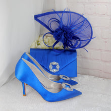 Load image into Gallery viewer, Royal Blue Satin Heels, Clutch Bag and Fascinator Hat Matching Bridal Set, Hatinator Purse Shoes for Wedding Guest Mother of the Bride Groom