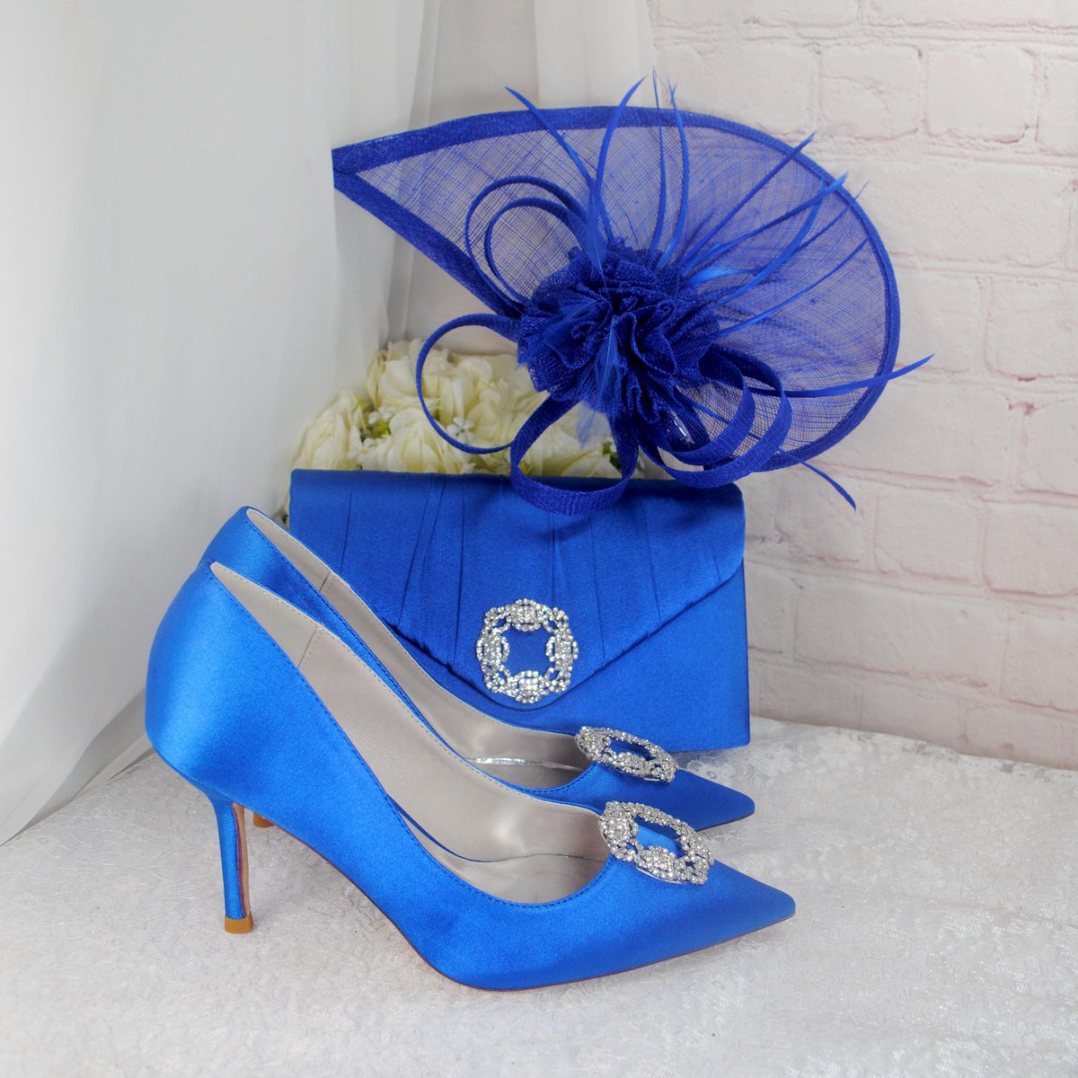 Royal Blue Satin Heels, Clutch Bag and Fascinator Hat Matching Bridal