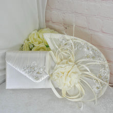 Load image into Gallery viewer, Ivory Satin Bridal Set: Floral Heels, Clutch & Fascinator