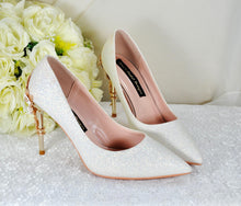 Load image into Gallery viewer, Satin Bridal Heels: Ivory Glitter with Cherry Blossom Accent UK5 / US7.5