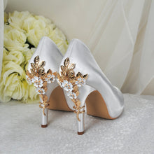 Load image into Gallery viewer, White Satin Wedding Heels: Gold Cherry Blossom Bridal Shoes UK5/US7.5