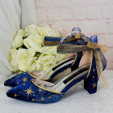 Load image into Gallery viewer, Blue Satin Celestial Wedding Shoes: Hand-Painted Galaxy Bridal Block Heels
