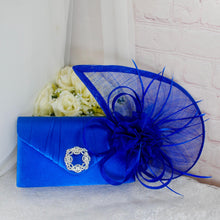 Load image into Gallery viewer, Royal Blue Satin Heels, Clutch Bag and Fascinator Hat Matching Bridal Set, Hatinator Purse Shoes for Wedding Guest Mother of the Bride Groom