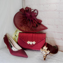 Load image into Gallery viewer, Burgundy Red Satin Bridal Set: Heels, Clutch & Fascinator