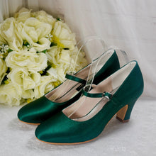 Load image into Gallery viewer, Emerald Green Satin Bridal Shoes: Handmade Block Heel Mary Janes UK5/US7.5