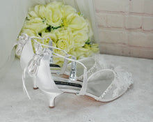 Load image into Gallery viewer, Butterfly Bridal Sandals – White Wedding Shoes with Hand Embroidery & Silk Heels • UK6/US8.5