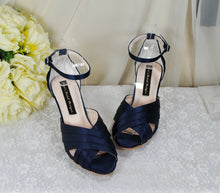 Load image into Gallery viewer, Navy Satin Bridal Sandals: Handmade Kitten Heel Wedding Shoes • UK6/US8.5