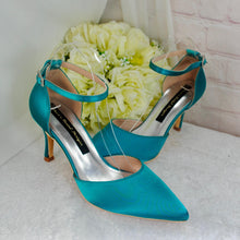 Load image into Gallery viewer, Teal Satin Bridal Set: Handmade Heels, Clutch Bag & Fascinator