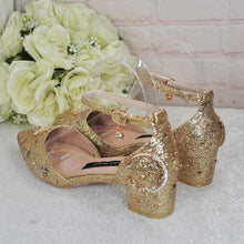 Load image into Gallery viewer, Champagne Gold Glitter Bridal Shoes: Celestial Star & Moon Block Heel Wedding Heels
