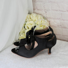 Load image into Gallery viewer, Black Satin Mary Jane Heels – Vintage Bridal Booties with Ribbon Tie & Cushioned Insoles UK5/US7.5