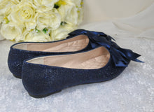 Load image into Gallery viewer, Navy Blue Bridal Flats – Handmade Comfortable Satin Flats with Oversized Satin Bow UK9/US11