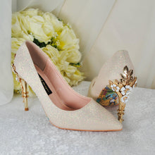 Load image into Gallery viewer, Champagne Gold Wedding Shoes - Handmade Satin Bridal Shimmer Pumps With Cherry Blossom Embellishment • Size UK3/US5.5