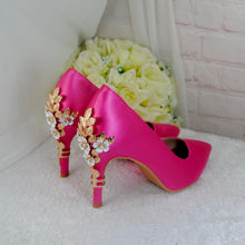 Load image into Gallery viewer, Hot Pink Satin Heels: Golden Cherry Blossom Bridal Shoes