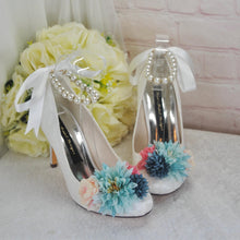 Load image into Gallery viewer, Bridal Lace Heels – White Lace Bridal Shoes with Pearl Strap & Floral Details • UK5/US7.5