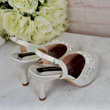 Load image into Gallery viewer, Ivory Shimmer Slingback Heels; 3D Floral Toe Details, Handmade Bridal Shoes, Wedding Heel Size UK5/US7.5