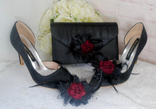 Load image into Gallery viewer, Black Gothic Bridal Set: Handmade Clutch, Sinamay Fascinator, Satin Stiletto Heel Shoes, Floral Rose