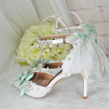 Load image into Gallery viewer, Bridal Floral Heels – Sage Green & White Wedding High Heels with Ankle Strap • UK5 / US7.5