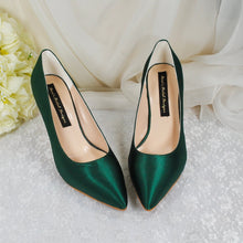 Load image into Gallery viewer, Emerald Green Satin Bridal Shoes: Mid Heel Custom Colour Bridesmaid Heels