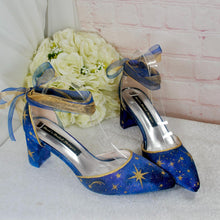 Load image into Gallery viewer, Blue Satin Celestial Wedding Shoes: Hand-Painted Galaxy Bridal Block Heels