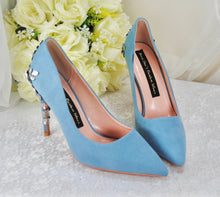 Load image into Gallery viewer, Handmade Blue Suede Heels: Silver Floral Bridal Pumps UK7/US9.5
