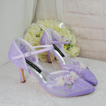 Load image into Gallery viewer, Pastel Lilac Bridal Sandals: Embroidered 3D Flower Kitten Heel Shoes UK7/US9.5