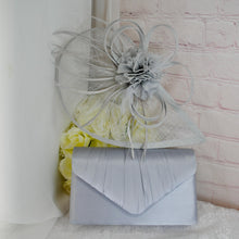 Load image into Gallery viewer, Silver Satin Bridal Set: Handmade Heels, Clutch & Fascinator
