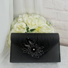 Load image into Gallery viewer, Black Satin Clutch Bag and Fascinator Set: Handmade Wedding Hatinator