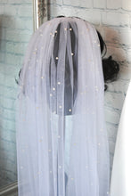Load image into Gallery viewer, White Wedding Pearl Veil – Hand Beaded Pearl Veil with Silver Comb | Up to Cathedral Length