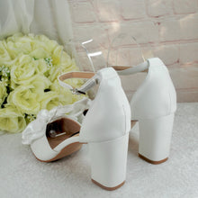 Load image into Gallery viewer, Bridal Block Heel Sandals - White Satin Bow, Handmade Comfortable Wedding Shoes UK5 US7.5