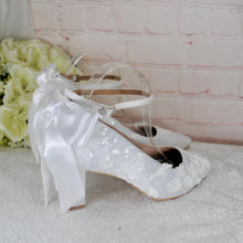 Load image into Gallery viewer, White Embroidered Block Heel Bridal Shoes: Floral Wedding Heels