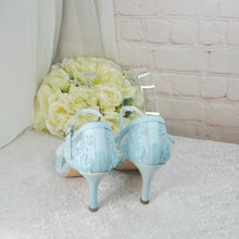 Load image into Gallery viewer, Embroidered Pastel Blue Bridal Shoes: 3D Flower Ankle Strap Heels UK5/US7.5