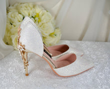 Load image into Gallery viewer, Ivory Shimmer Heels - Handmade Bridal Satin Shoes with Gold Detail & Cherry Blossom UK7/US9.5