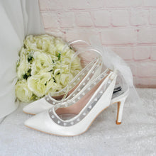 Load image into Gallery viewer, Ivory Slingback Shoes, Satin Bridal Heels with Heart Pearls & Bow Detail