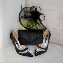 Load image into Gallery viewer, Black Satin Bridal Set: Stiletto Heels, Clutch Bag & Sinamay Fascinator Hatinator