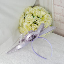 Load image into Gallery viewer, Lilac Purple Satin Clutch Bag and Fascinator Set: Wedding Guest Outfit