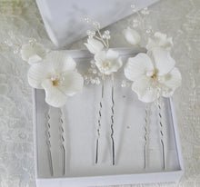 Load image into Gallery viewer, Handmade Gold or Silver Ceramic Flower Hair Pins with Pearls (Set of 3)