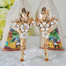Load image into Gallery viewer, Champagne Gold Wedding Shoes - Handmade Satin Bridal Shimmer Pumps With Cherry Blossom Embellishment • Size UK3/US5.5