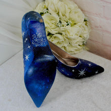 Load image into Gallery viewer, Blue Satin Celestial Wedding Shoes: Hand-Painted Galaxy Bridal Heels UK7.5/US10