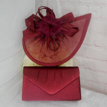 Load image into Gallery viewer, Burgundy Fascinator and Clutch Bag Set: Handmade Satin Wedding Accessory