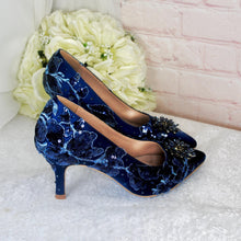 Load image into Gallery viewer, Navy Blue Satin Bridal Set: Floral Heels, Clutch Bag & Fascinator
